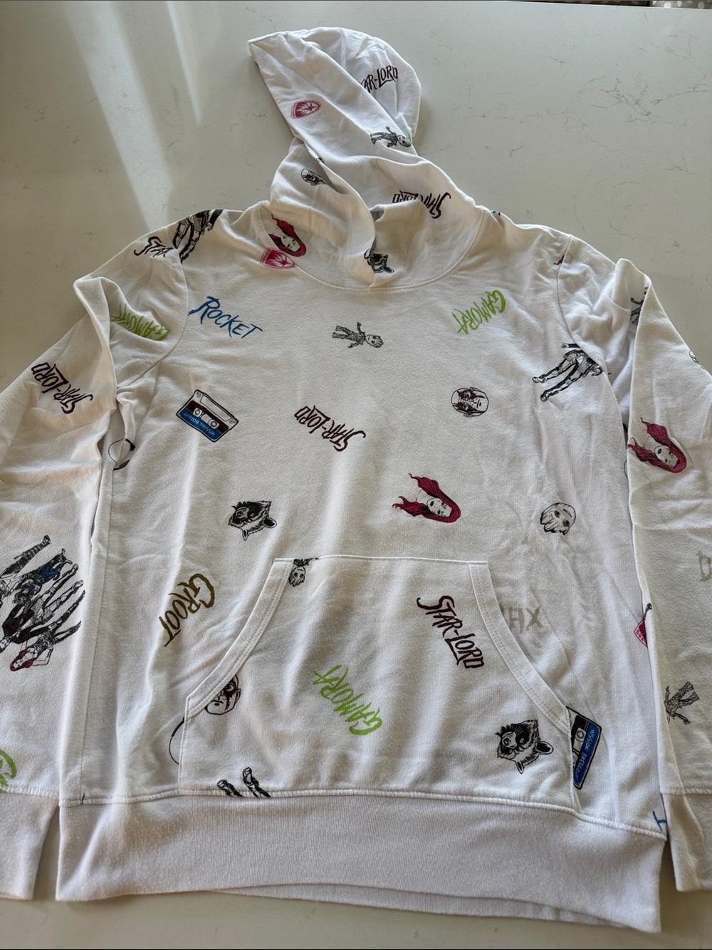 Marvel Adult White T-shirt Hoodie with Multicolor Graphics Sz: Small